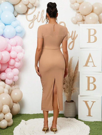 2 Piece Maternity Set Khaki Round Neck Short Sleeve Crop Tee and Adjustable High Stretch Ruched Midi Skirt for Baby Shower and Gender Reveal