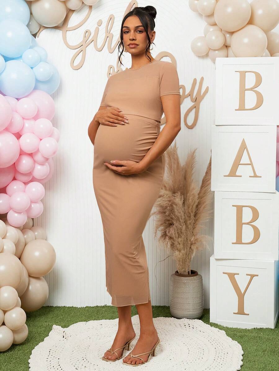 2 Piece Maternity Set Khaki Round Neck Short Sleeve Crop Tee and Adjustable High Stretch Ruched Midi Skirt for Baby Shower and Gender Reveal