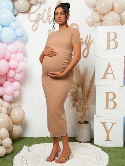 2 Piece Maternity Set Khaki Round Neck Short Sleeve Crop Tee and Adjustable High Stretch Ruched Midi Skirt for Baby Shower and Gender Reveal