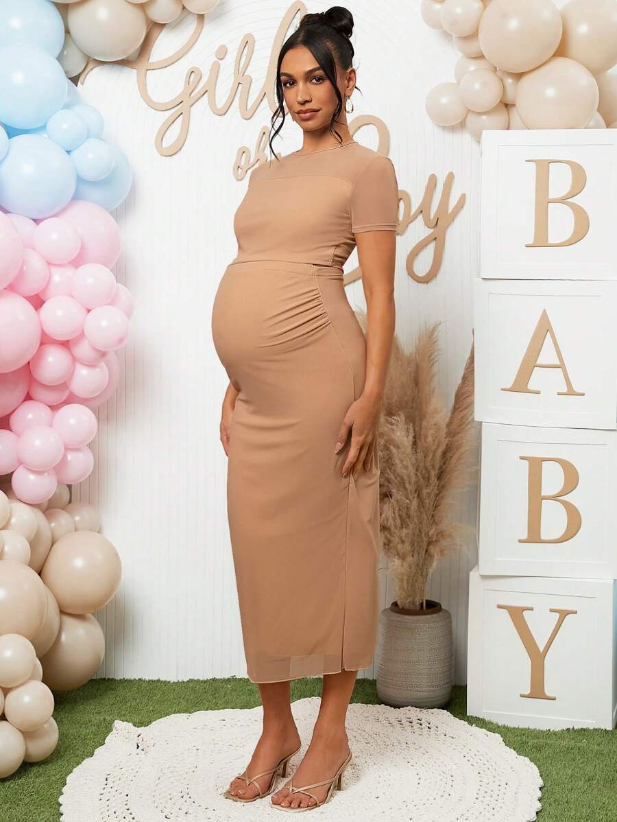 2 Piece Maternity Set Khaki Round Neck Short Sleeve Crop Tee and Adjustable High Stretch Ruched Midi Skirt for Baby Shower and Gender Reveal