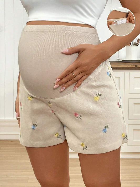 Floral Embroidery Adjustable Maternity Shorts - Apricot Ultra High Waist Elastic Summer Woven Shorts