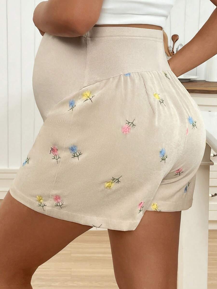 Floral Embroidery Adjustable Maternity Shorts - Apricot Ultra High Waist Elastic Summer Woven Shorts