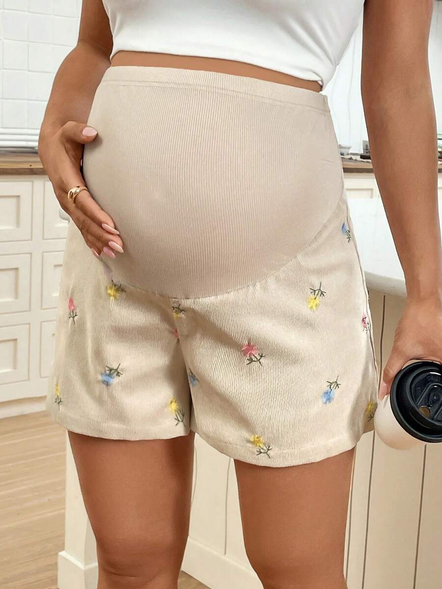 Maternity Floral Embroidery Shorts - Adjustable Waist, Ultra High Waist, Pink