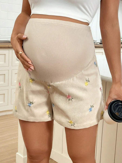 Maternity Floral Embroidery Shorts - Adjustable Waist, Ultra High Waist, Pink