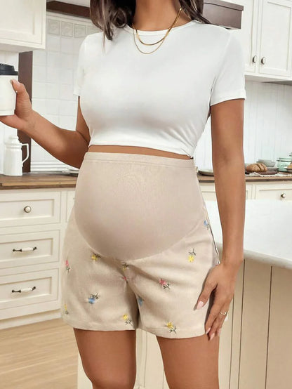 Maternity Floral Embroidery Shorts - Adjustable Waist, Ultra High Waist, Pink