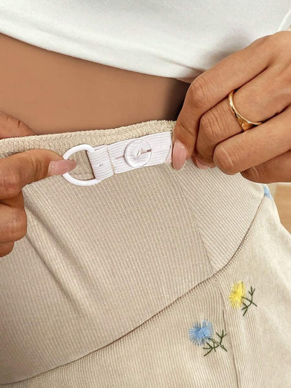 Maternity Floral Embroidery Shorts - Adjustable Waist, Ultra High Waist, Pink