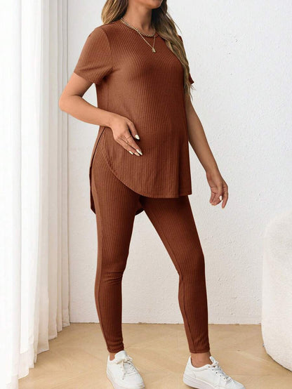 Navy Blue Maternity 2-Piece Set with Side Slit Short Sleeve Tee and Adjustable Waist Loose Legging Pants