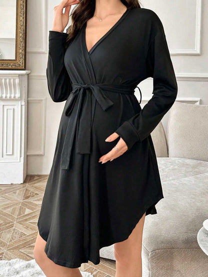 Maternity Long Sleeve Belted Lounge Robe Women Soft Solid Color Fall Winter Sleepwear Coat
