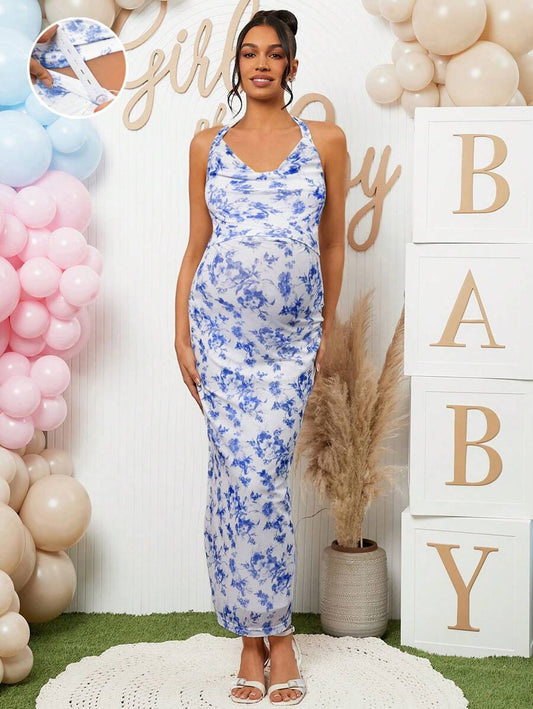 2 Piece Maternity Set Colorblock Halter Neck Top and Midi Skirt with Arm Sleeves for Baby Shower and Gender Reveal Blue and White