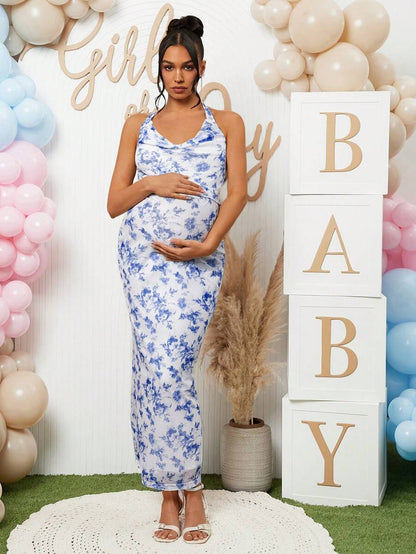 2 Piece Maternity Set Colorblock Halter Neck Top and Midi Skirt with Arm Sleeves for Baby Shower and Gender Reveal Blue and White