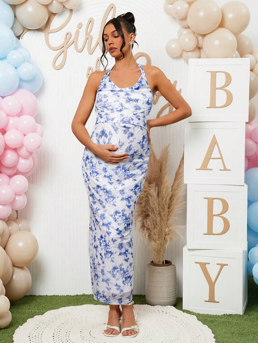 2 Piece Maternity Set Colorblock Halter Neck Top and Midi Skirt with Arm Sleeves for Baby Shower and Gender Reveal Blue and White