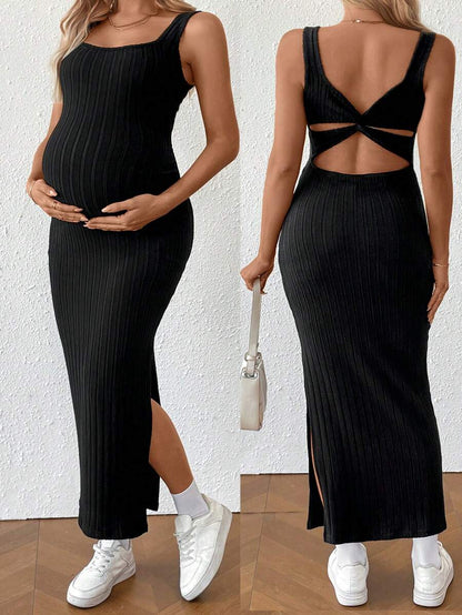 Dusty Pink Ribbed Maternity Bodycon Midi Dress with Twist Back and Side Slit Hem - Sleeveless Summer Knit Cami Dress