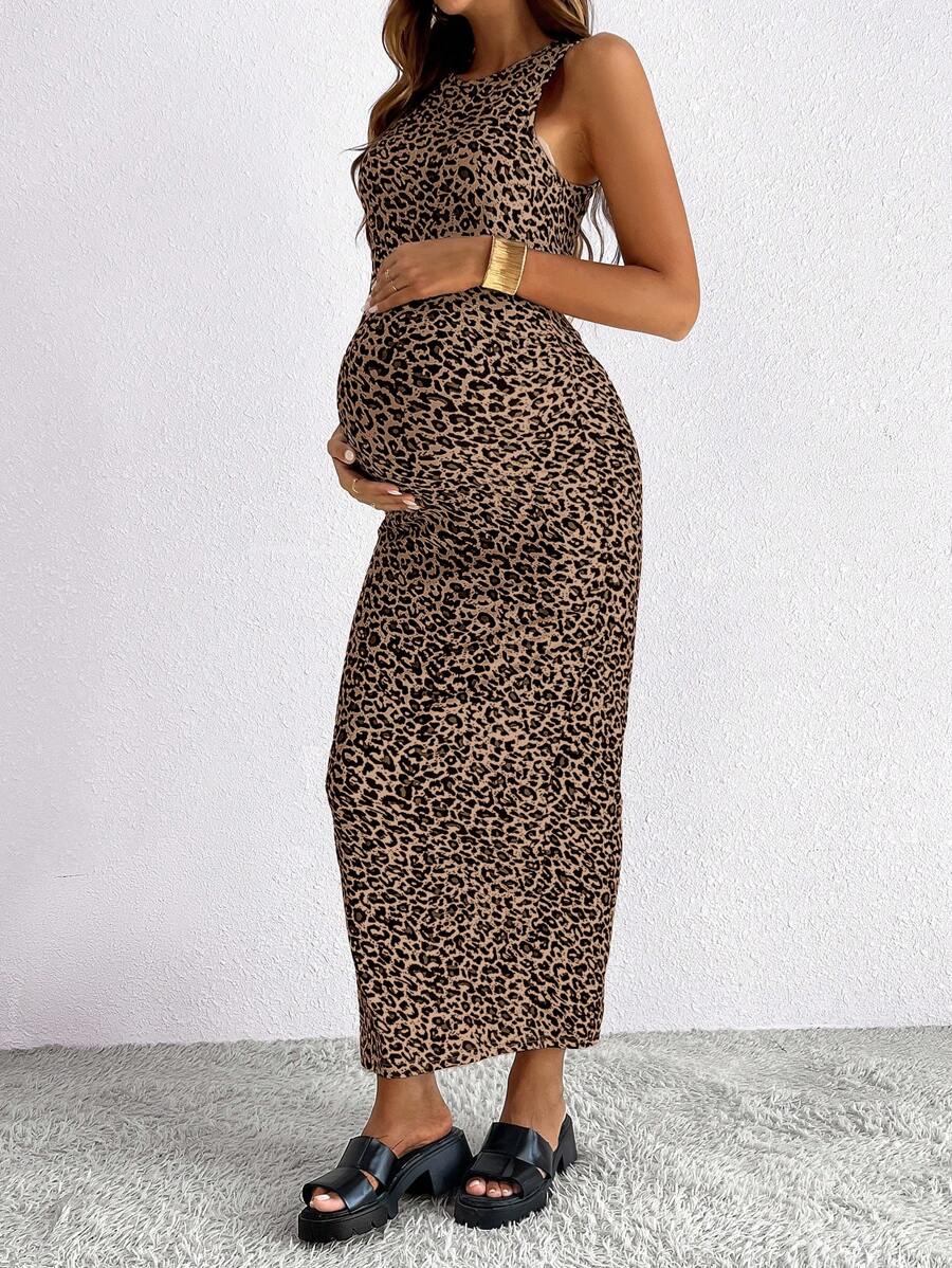 Maternity Leopard Print Sleeveless Round Neck Maxi Tank Dress with Side Split and Medium Stretch Knitted Fabric