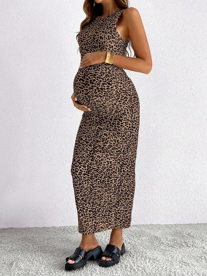 Maternity Leopard Print Sleeveless Round Neck Maxi Tank Dress with Side Split and Medium Stretch Knitted Fabric