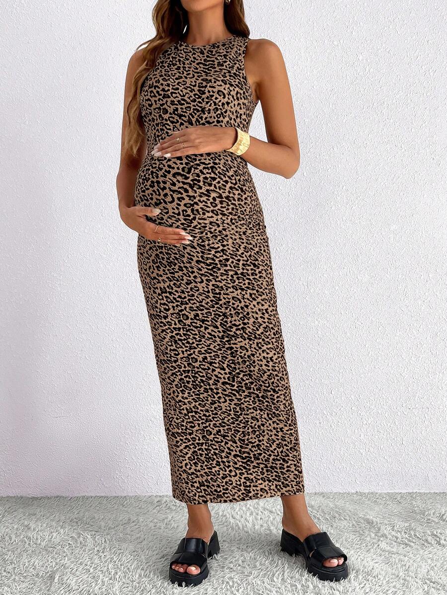 Maternity Leopard Print Sleeveless Round Neck Maxi Tank Dress with Side Split and Medium Stretch Knitted Fabric