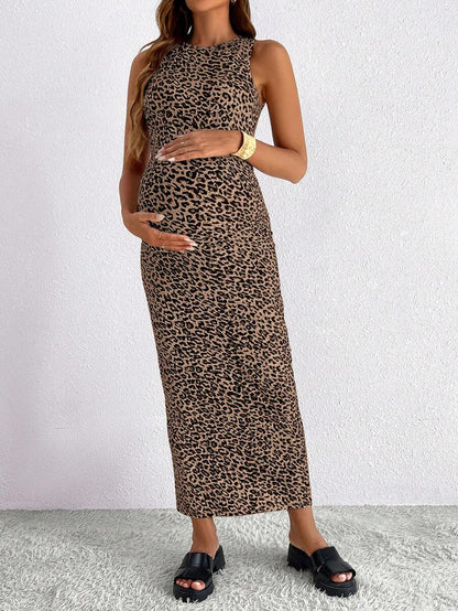 Maternity Leopard Print Sleeveless Round Neck Maxi Tank Dress with Side Split and Medium Stretch Knitted Fabric