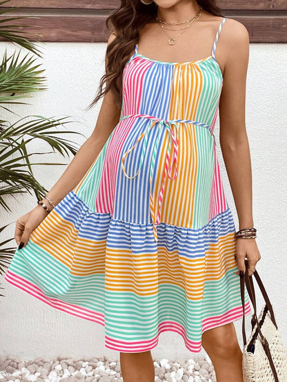 Rainbow Striped Ruffle Hem Maternity Mini Dress - Boho Spaghetti Strap High Waist Summer Vacation Beach Sundress
