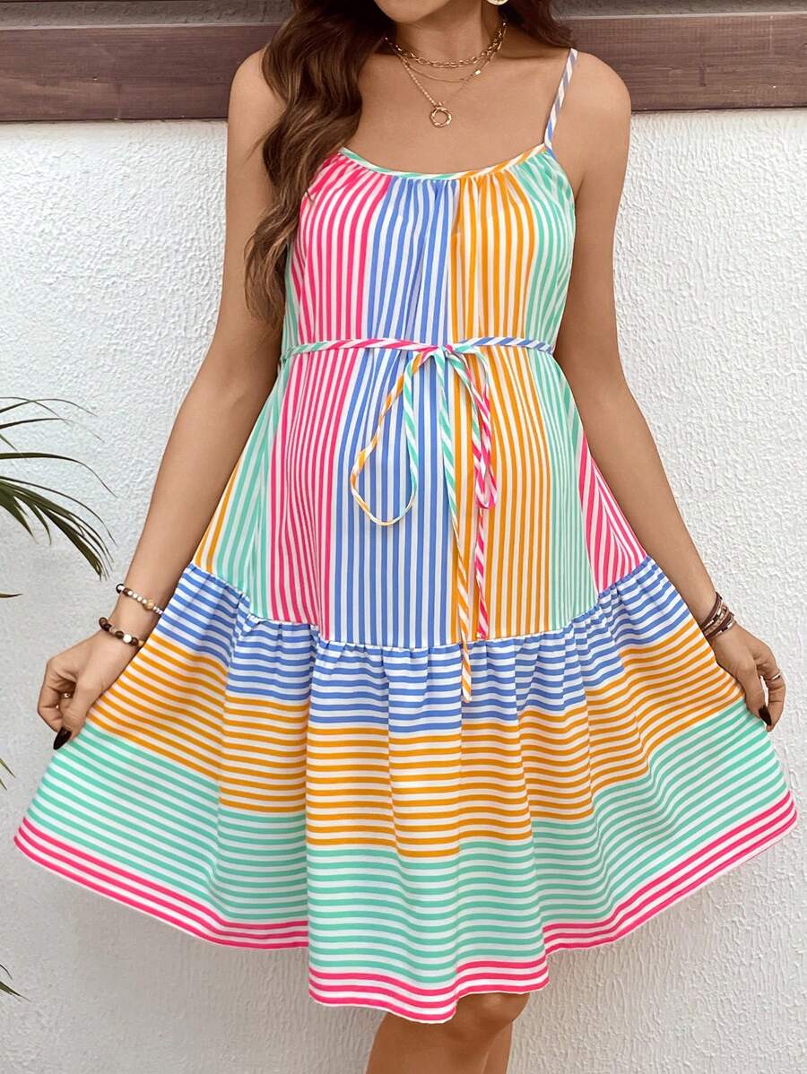 Rainbow Striped Ruffle Hem Maternity Mini Dress - Boho Spaghetti Strap High Waist Summer Vacation Beach Sundress