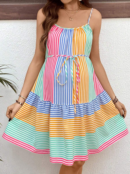 Rainbow Striped Ruffle Hem Maternity Mini Dress - Boho Spaghetti Strap High Waist Summer Vacation Beach Sundress