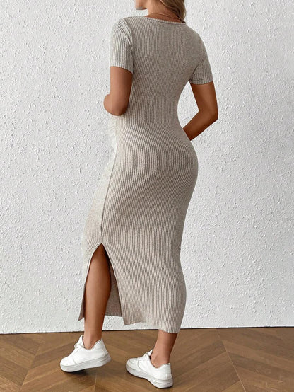 Maternity Square Neck Short Sleeve Midi Bodycon Dress with Side Slit - Sage Green Fitted Pregnancy Outfit - Soft Knit Maternity Wear