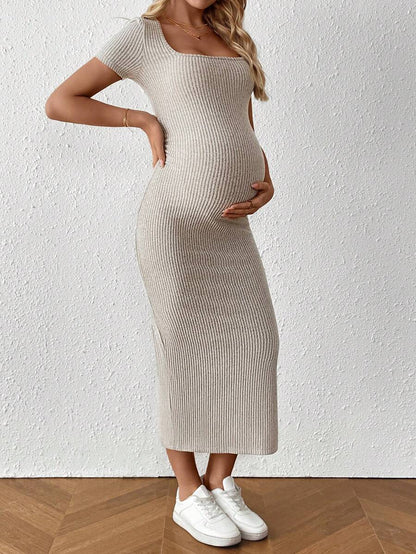 Maternity Square Neck Short Sleeve Midi Bodycon Dress with Side Slit - Sage Green Fitted Pregnancy Outfit - Soft Knit Maternity Wear