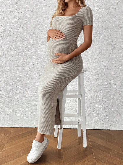 Maternity Square Neck Short Sleeve Midi Bodycon Dress with Side Slit - Sage Green Fitted Pregnancy Outfit - Soft Knit Maternity Wear