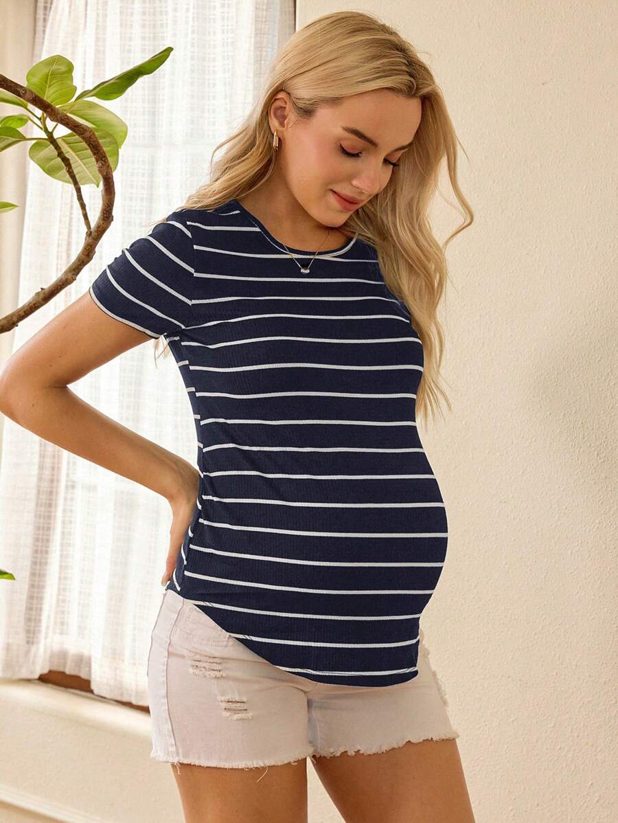 Pink Striped Asymmetrical Hem Maternity T-Shirt - Slim Fit Short Sleeve Round Neck Casual Knit Top for Daily Wear