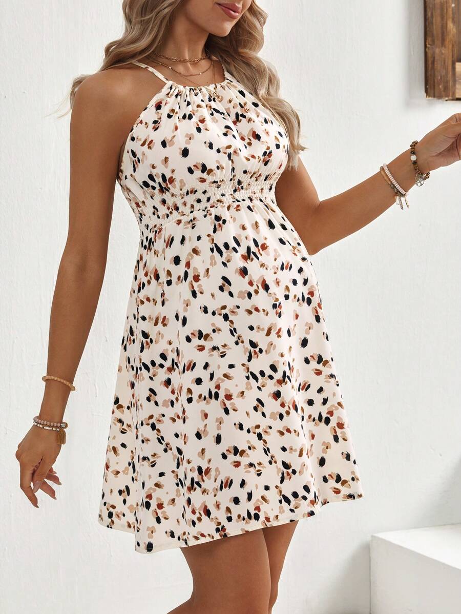 Maternity Women's Cinched Waist Ditsy Floral Sleeveless Spaghetti Strap Holiday Dress