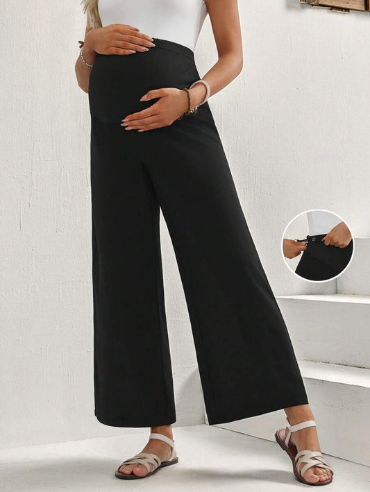Maternity Cropped Pants - Asymmetrical, Straight Leg, Adjustable Waist, Black