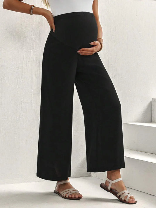 Maternity Cropped Pants - Asymmetrical, Straight Leg, Adjustable Waist, Black