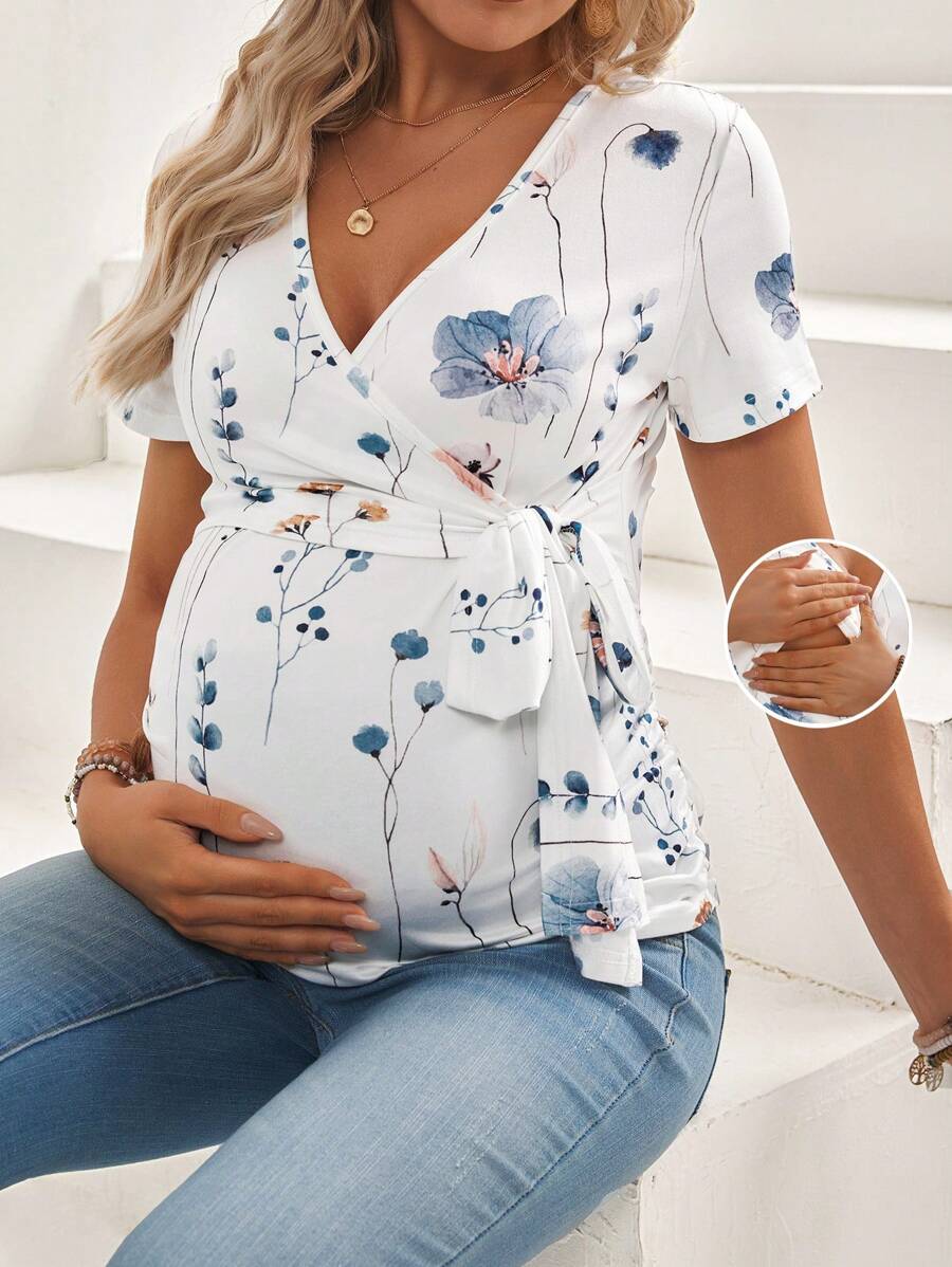 Maternity V-Neck Short Sleeve T-Shirt, Fashionable For Summer