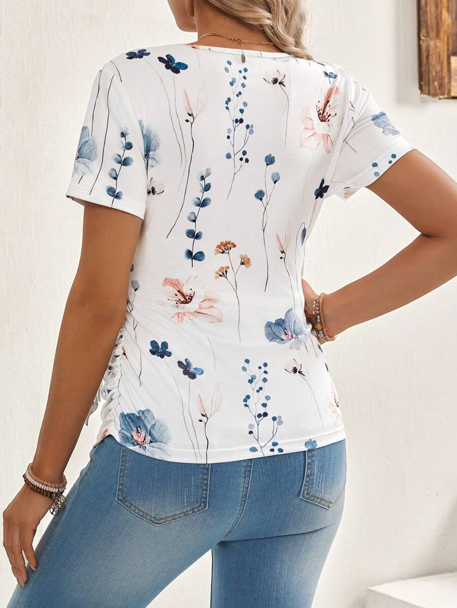 Maternity V-Neck Floral Print Breastfeeding Friendly Short Sleeve T-Shirt, Slim Fit High Stretch Knit Casual Summer Maternity Top