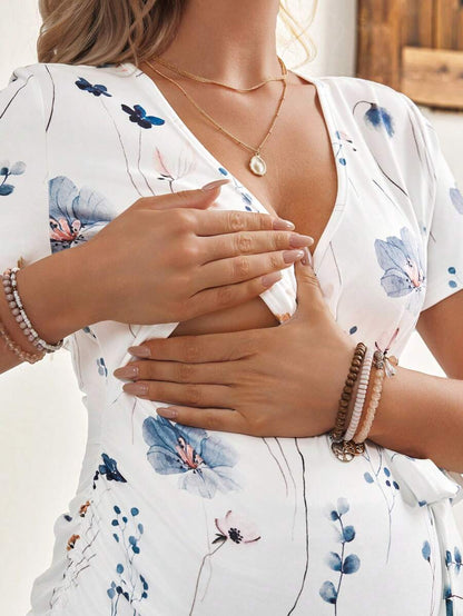 Maternity Floral Print V-Neck Short Sleeve Knot Front T-Shirt Slim Fit Stretchy Knit Top for Casual Daily Wear