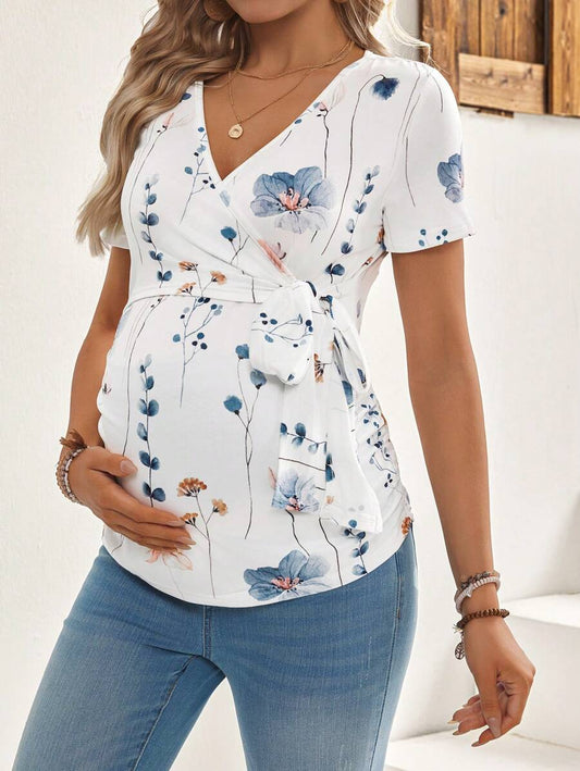 Maternity Floral Print V-Neck Short Sleeve Knot Front T-Shirt Slim Fit Stretchy Knit Top for Casual Daily Wear