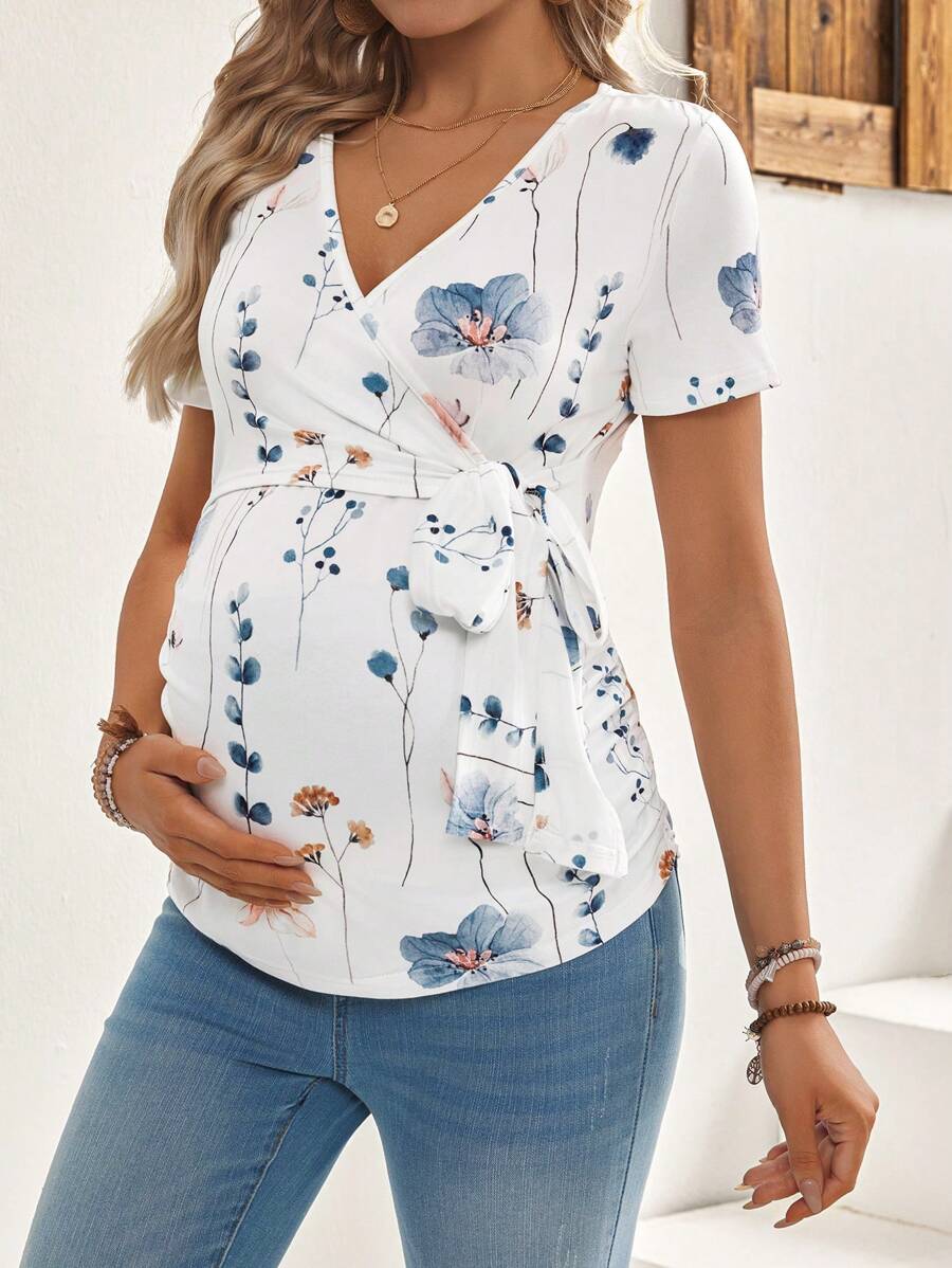 Yellow Floral Maternity & Nursing T-Shirt - V-Neck Short Sleeve Belted Top with High-Stretch Nursing Access