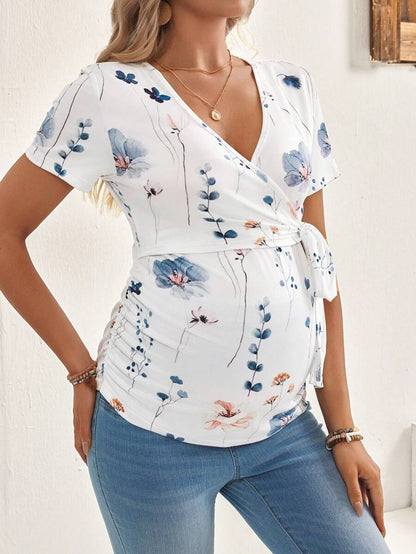 Yellow Floral Maternity & Nursing T-Shirt - V-Neck Short Sleeve Belted Top with High-Stretch Nursing Access