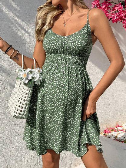 Green Ditsy Floral Maternity Cami Dress - Boho Spaghetti Strap High Waist Flared Knee Length Vacation Sundress