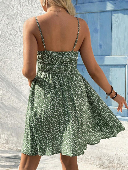 Green Ditsy Floral Maternity Cami Dress - Boho Spaghetti Strap High Waist Flared Knee Length Vacation Sundress