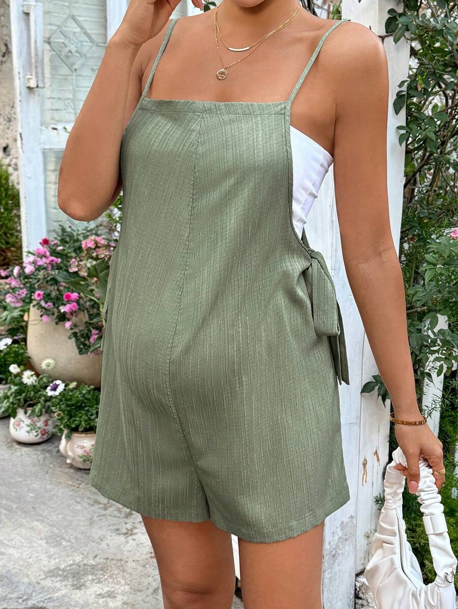 Apricot Spaghetti Strap Maternity Jumpsuit - Casual Sleeveless Knot Front Loose Fit Short Summer Vacation Romper