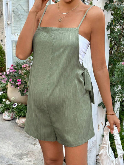 Apricot Spaghetti Strap Maternity Jumpsuit - Casual Sleeveless Knot Front Loose Fit Short Summer Vacation Romper