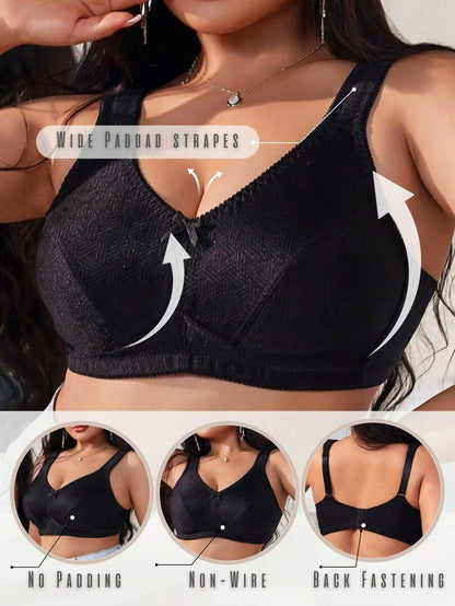 Plus Size Women's Jacquard Wireless Bra - Soft Sponge Adjustable Strap Bralette