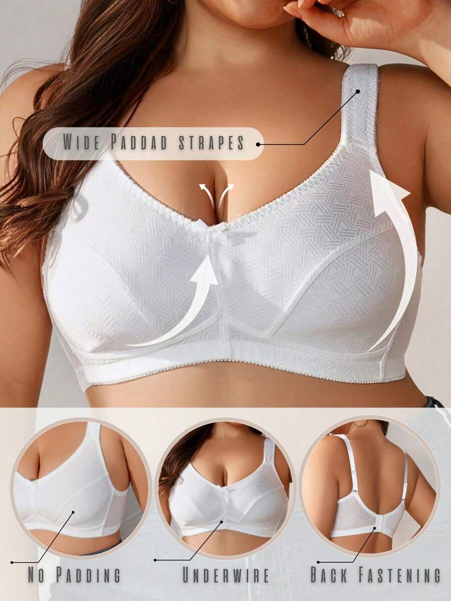Plus Size Women's Jacquard Wireless Bra - Soft Sponge Adjustable Strap Bralette