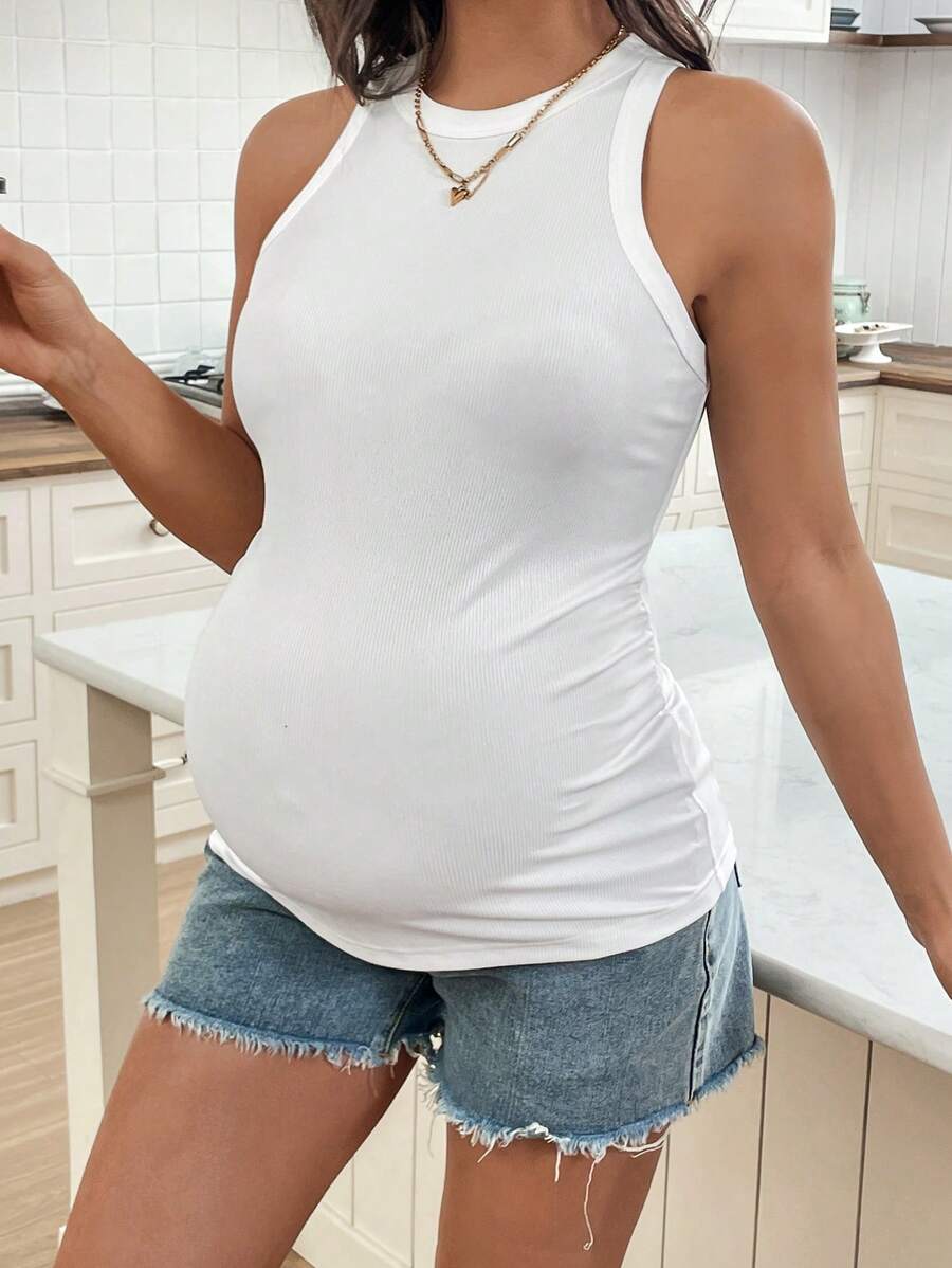 Maternity Casual Ruched Camisole - Solid Color Fitted Summer Tank Top