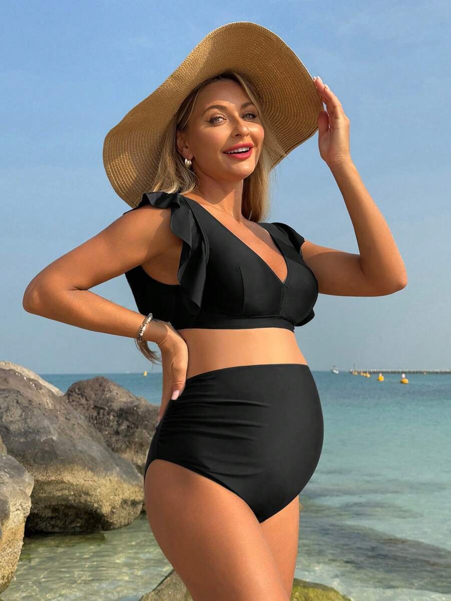 Maternity Solid Color Casual Beach Bikini Swimwear Set For Summer Vacation