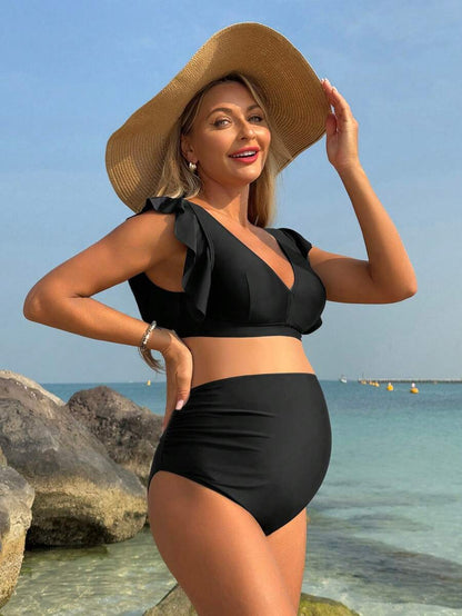 Maternity Solid Color Casual Beach Bikini Swimwear Set For Summer Vacation