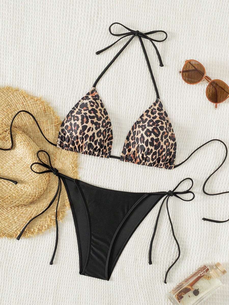 Women's 2-Piece Patchwork Bikini Set - Deep V Halter Tie, Triangle Cup, Multicolor