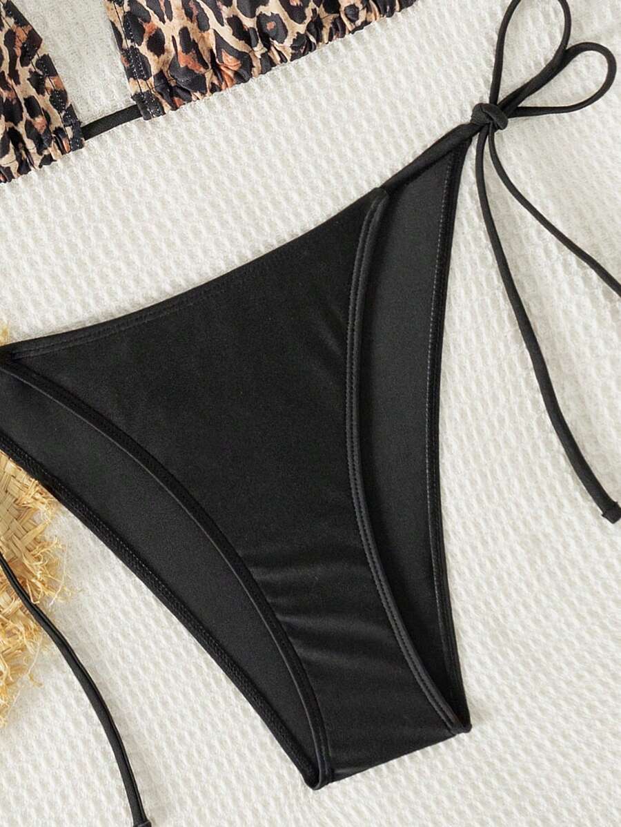 Women's 2-Piece Patchwork Bikini Set - Deep V Halter Tie, Triangle Cup, Multicolor