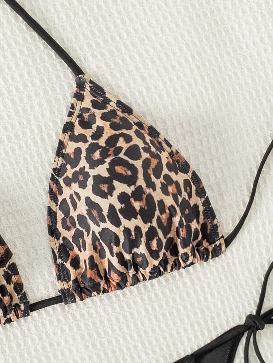 Women's 2-Piece Patchwork Bikini Set - Deep V Halter Tie, Triangle Cup, Multicolor
