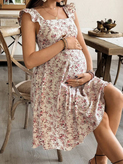 Maternity Casual All-Over Print Boho Summer Dress Square Neck High Waist A-Line Vacation Dress in Burgundy