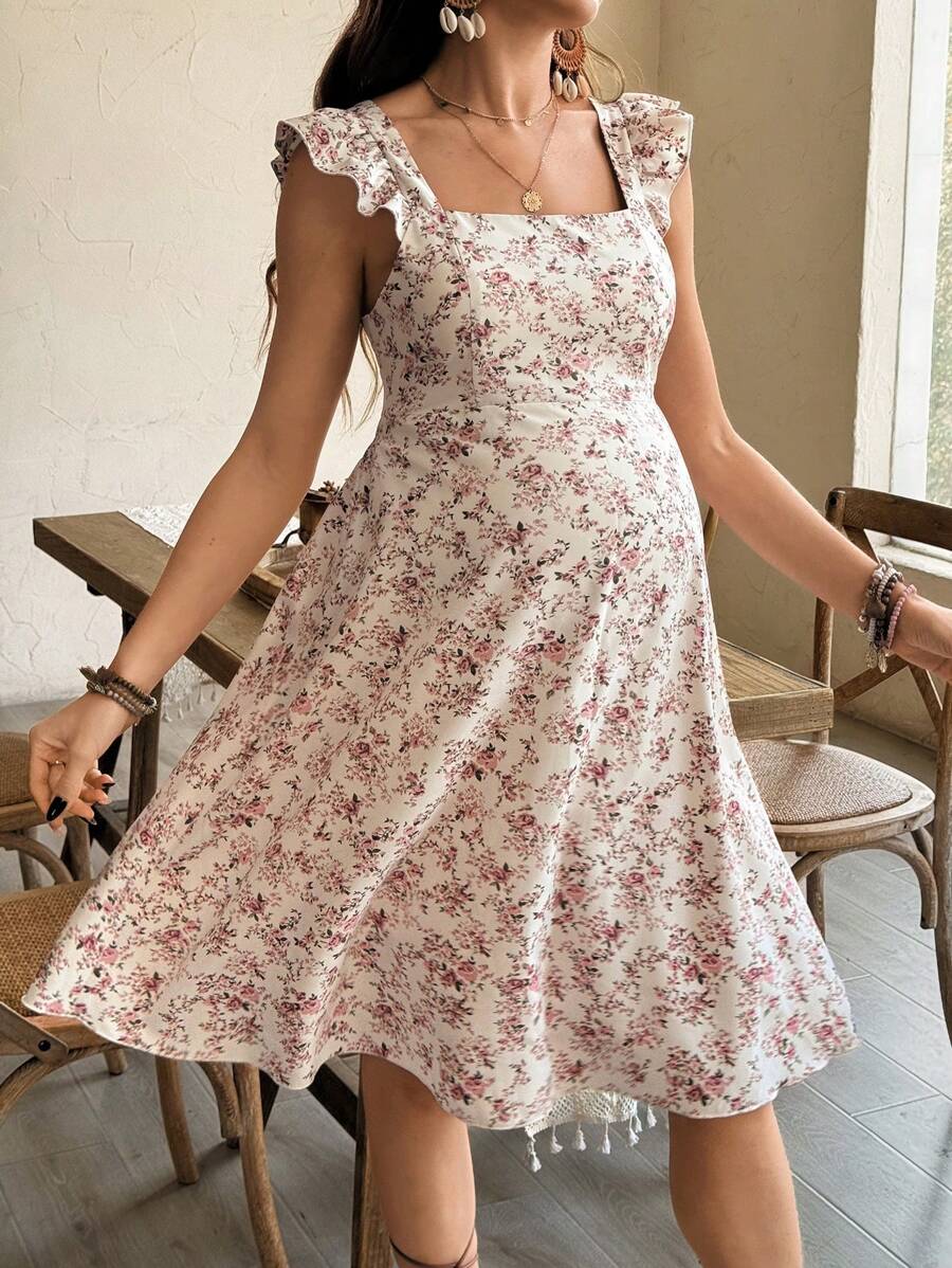 Maternity Casual All-Over Print Boho Summer Dress Square Neck High Waist A-Line Vacation Dress in Burgundy